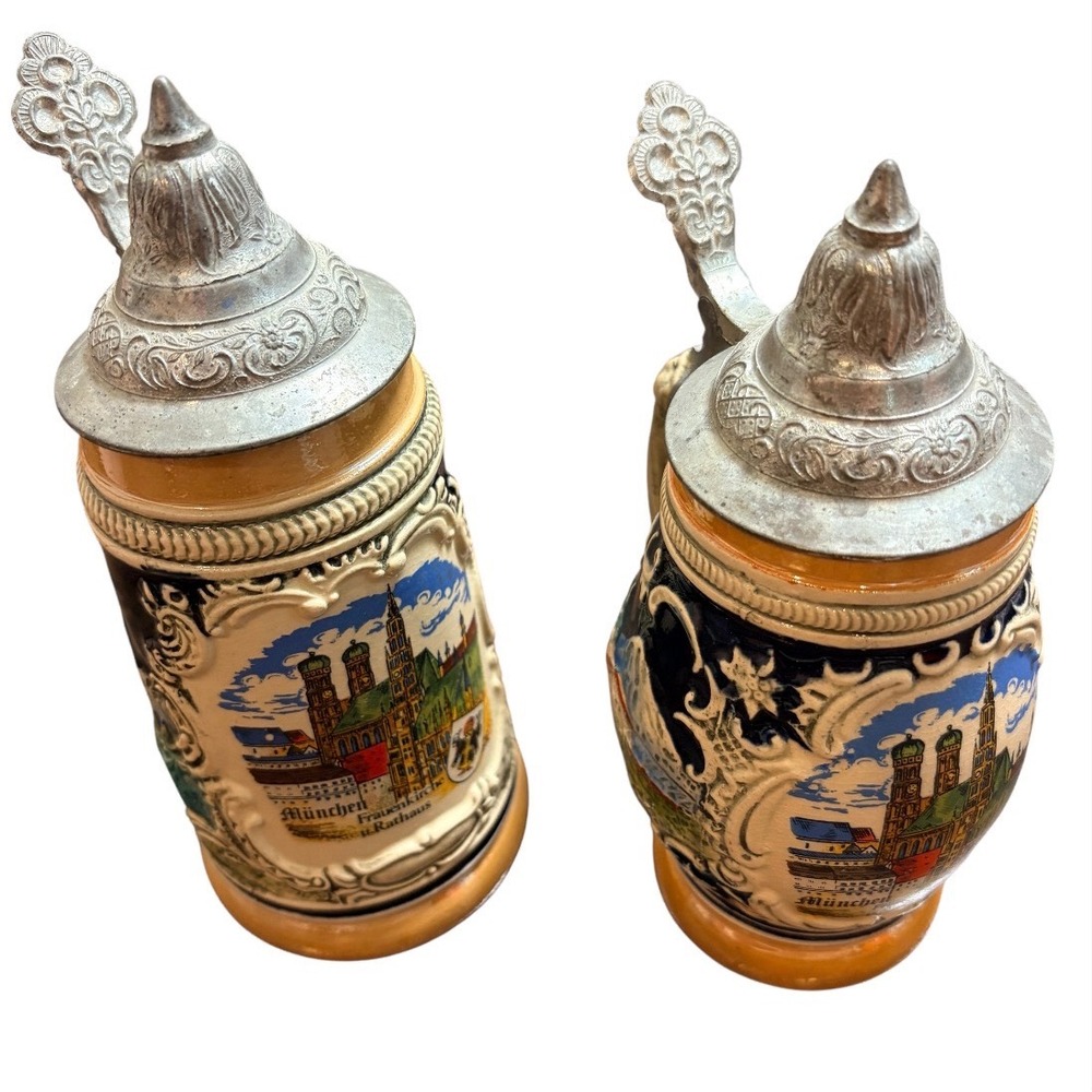 Western Germany Beer Stein Set Blue Munchen Relief Pewter Lid Pair